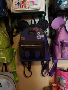 Disney LoungeFly Purple and Black Sparkle Ear Mini Backpack with Firework Print